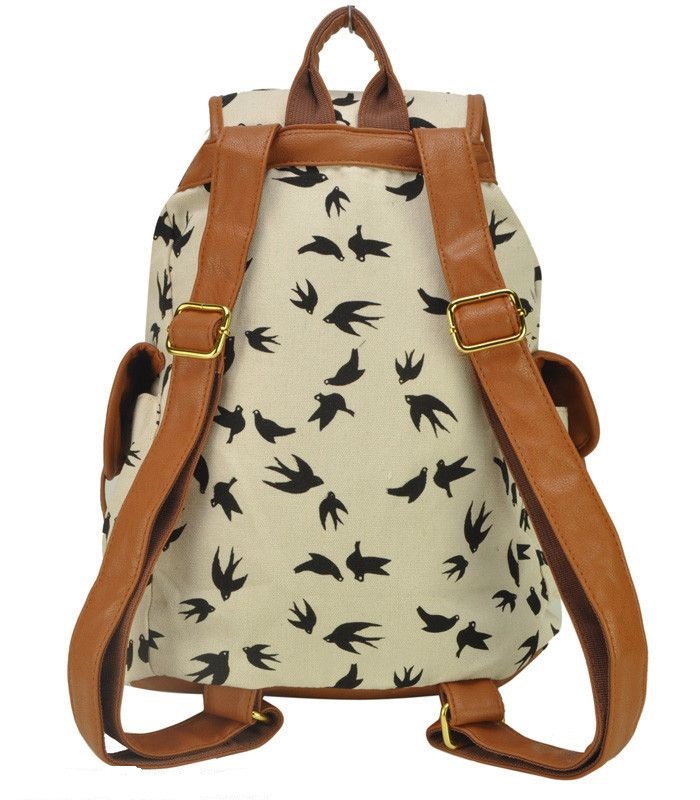 Bird Print White Graphic Canvas Backpack Girl Backpack on Luulla