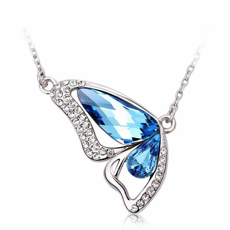 Butterfly Pendant Blue Swarovski Crystals Dress Necklace