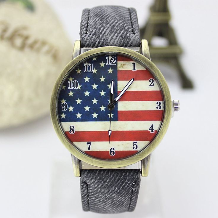 United States Flag Face Casual Black Band Teen Watch