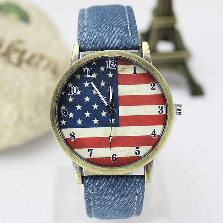 United States Flag Face Casual Blue Band Teen Watch