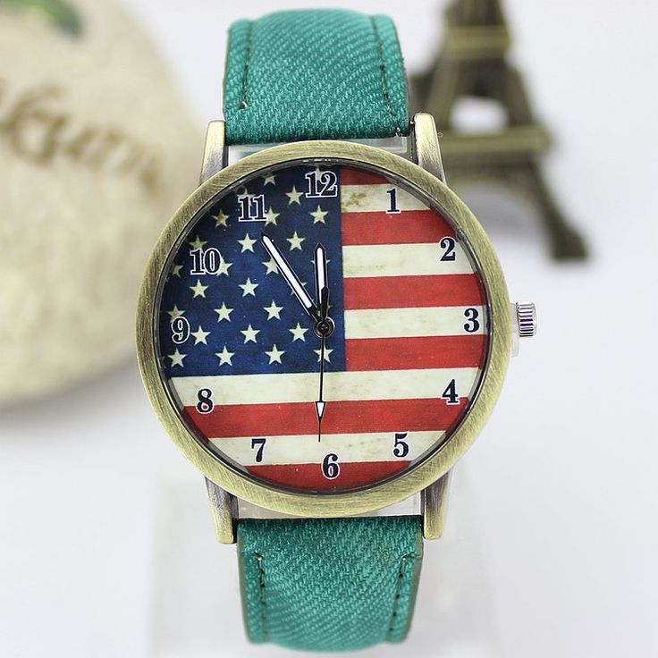 United States Flag Face Casual Green Band Teen Watch