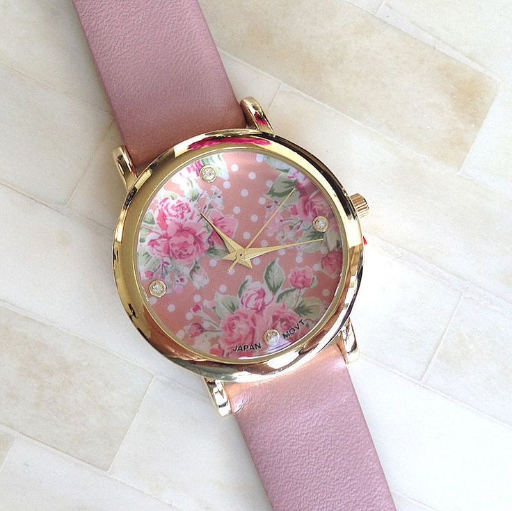 Floral Face Pu Leather Pink Band Fashion Teen Watch
