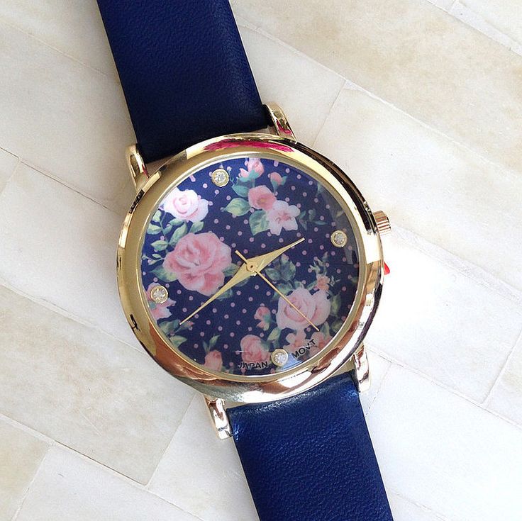 Floral Face Pu Leather Blue Band Fashion Teen Watch
