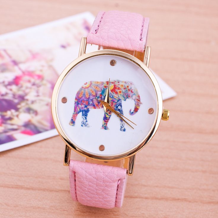 Elephant Colorful Face Pu Leather Pink Band Unisex Watch