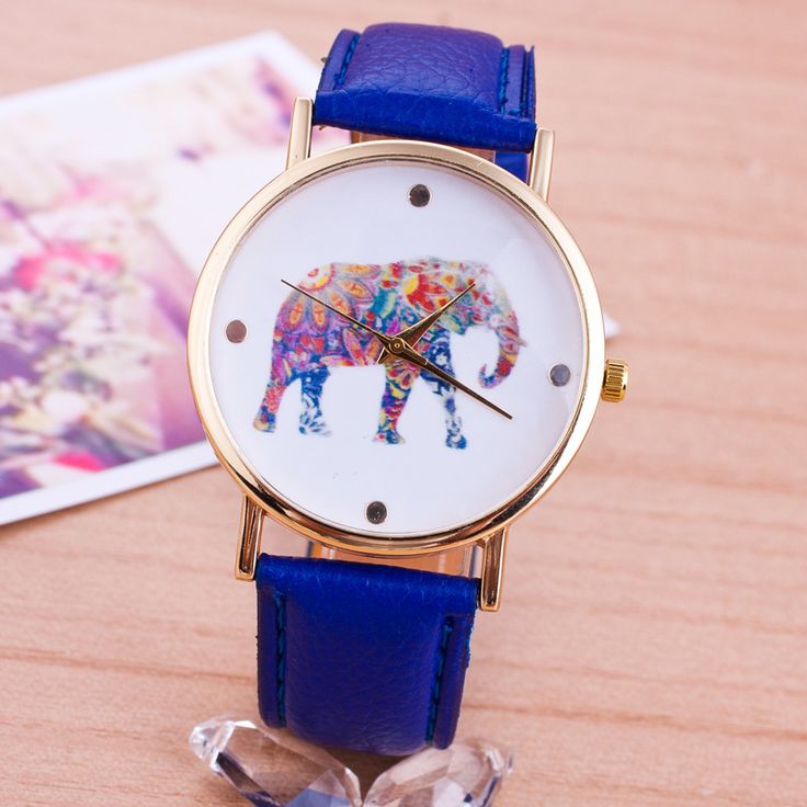 Elephant Colorful Face Pu Leather Blue Band Unisex Watch