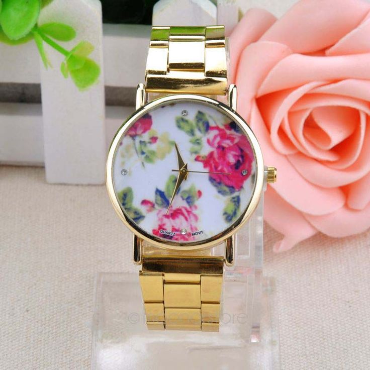 Floral Steel Gold Colored Fashion Dress Woman Watch