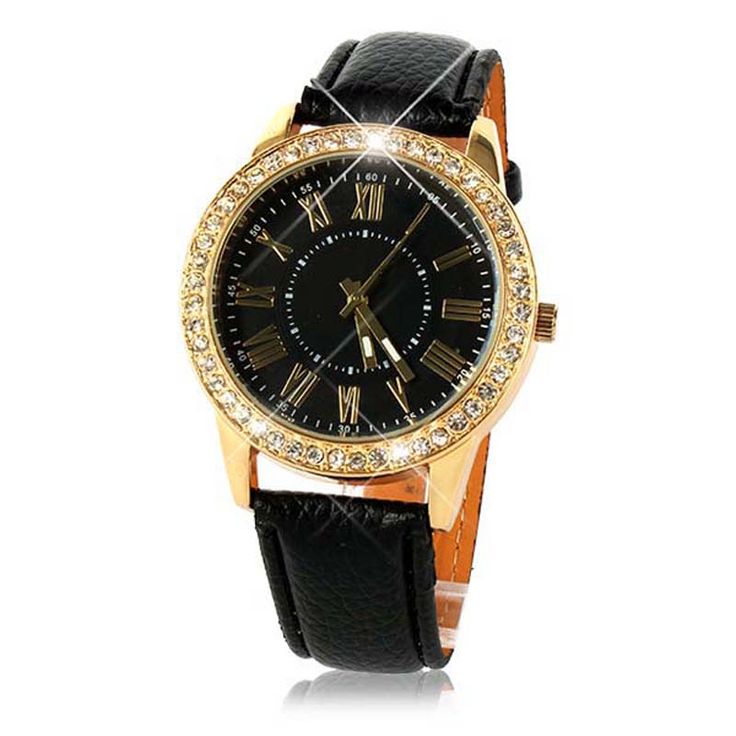 Luxury Fashion Rhinestones Pu Leather Black Band Watch