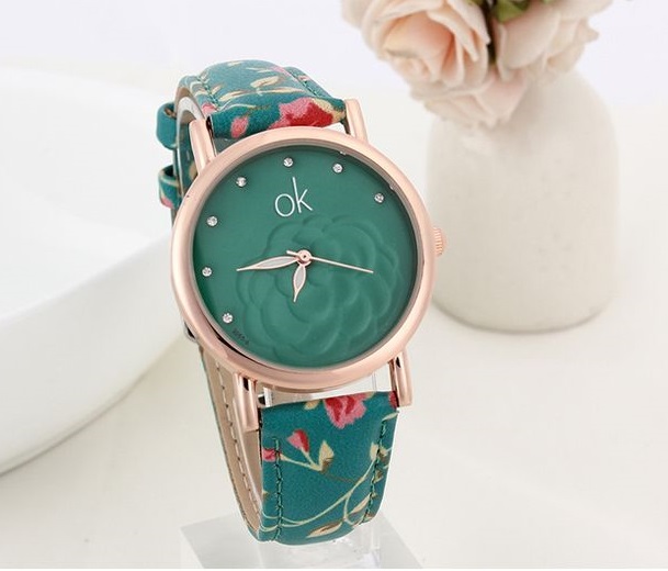 Flowers Multicolor Pu Leather Blue Band Girl Watch