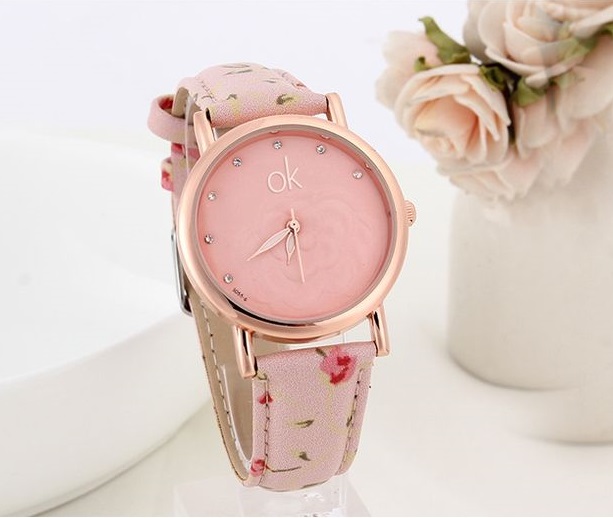Flowers Multicolor Pu Leather Pink Band Girl Watch