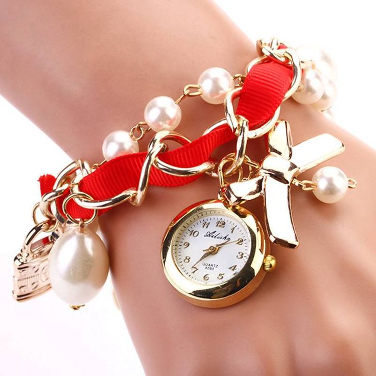 Bow Tie Pendant Pearls Red Band Woman Watch on Luulla