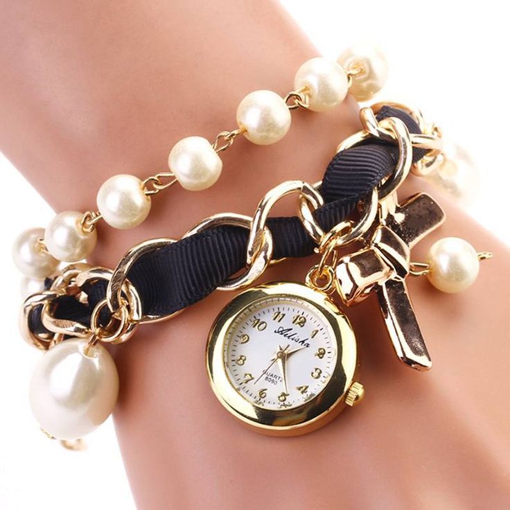 Bow Tie Pendant Pearls Black Band Woman Watch