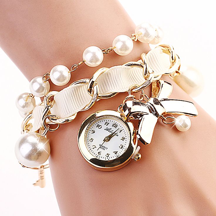 Bow Tie Pendant Pearls Band Woman Watch