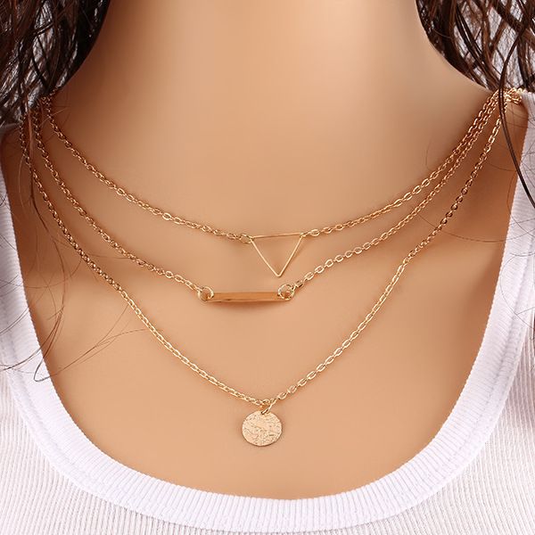 Gold 3 Layered Necklace With Triangle, Bar And Gold Plate Charm