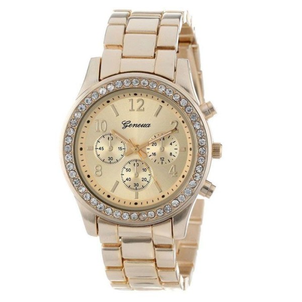 Classic Stainless Steel Gold Rhinestones Woman Watch