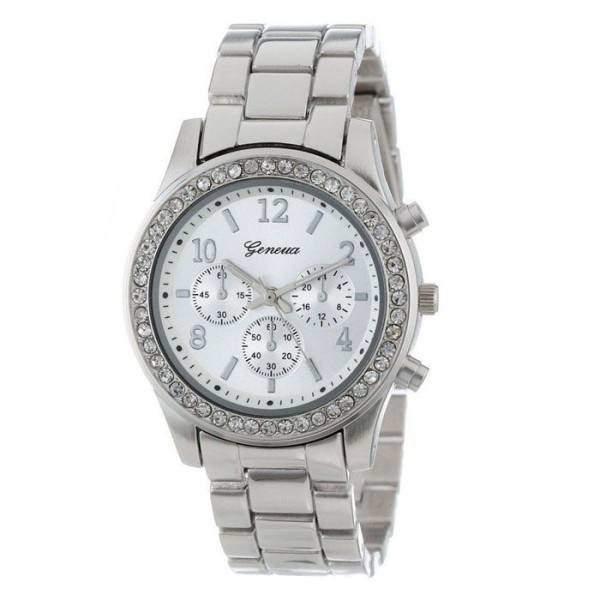 Classic Stainless Steel Silver Color Rhinestones Woman Watch