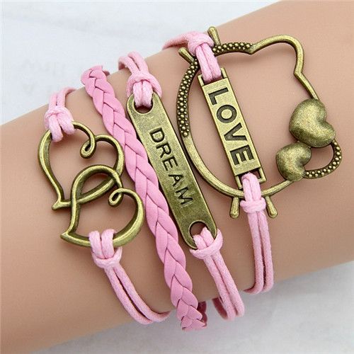 Hearts Love Pendants Pink Teen Charm Bracelet