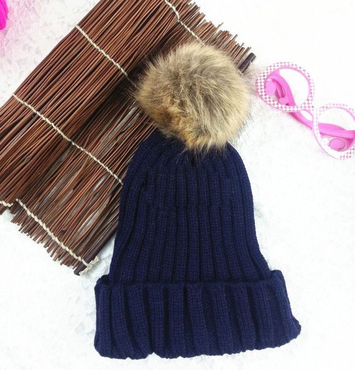 Winter Warm Snow Fun Knitted Cotton Dark Blue Pompon Woman Girl Hat
