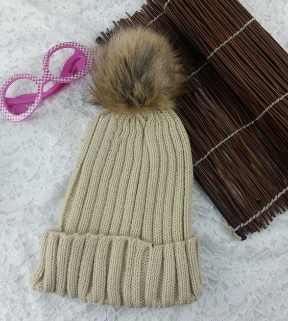 Winter Warm Snow Fun Knitted Cotton Beige Woman Pompon Girl Hat