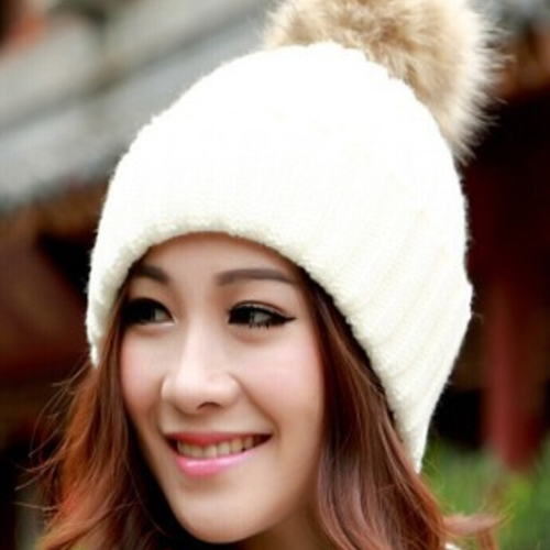 Winter Warm Snow Fun Knitted Cotton White Woman Pompon Girl Hat