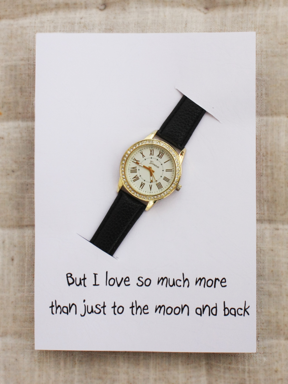 I Love You Much More Than To The Moon And Back Card Black Band Rhinestones Fashion Case Girl Watch