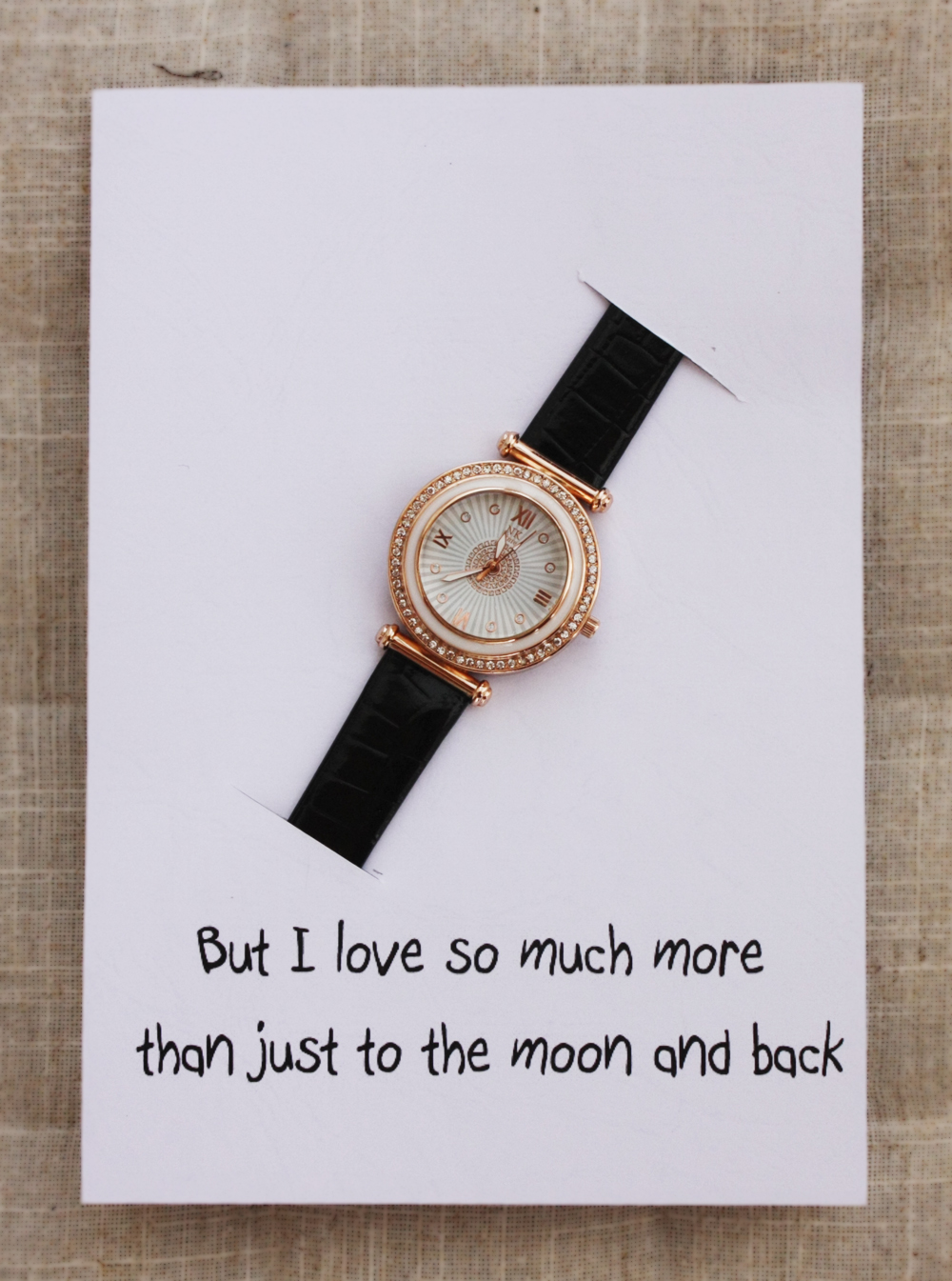 I Love You Much More Than To The Moon And Back Card Black Band Fashion Wristwatch Classy Woman Watch