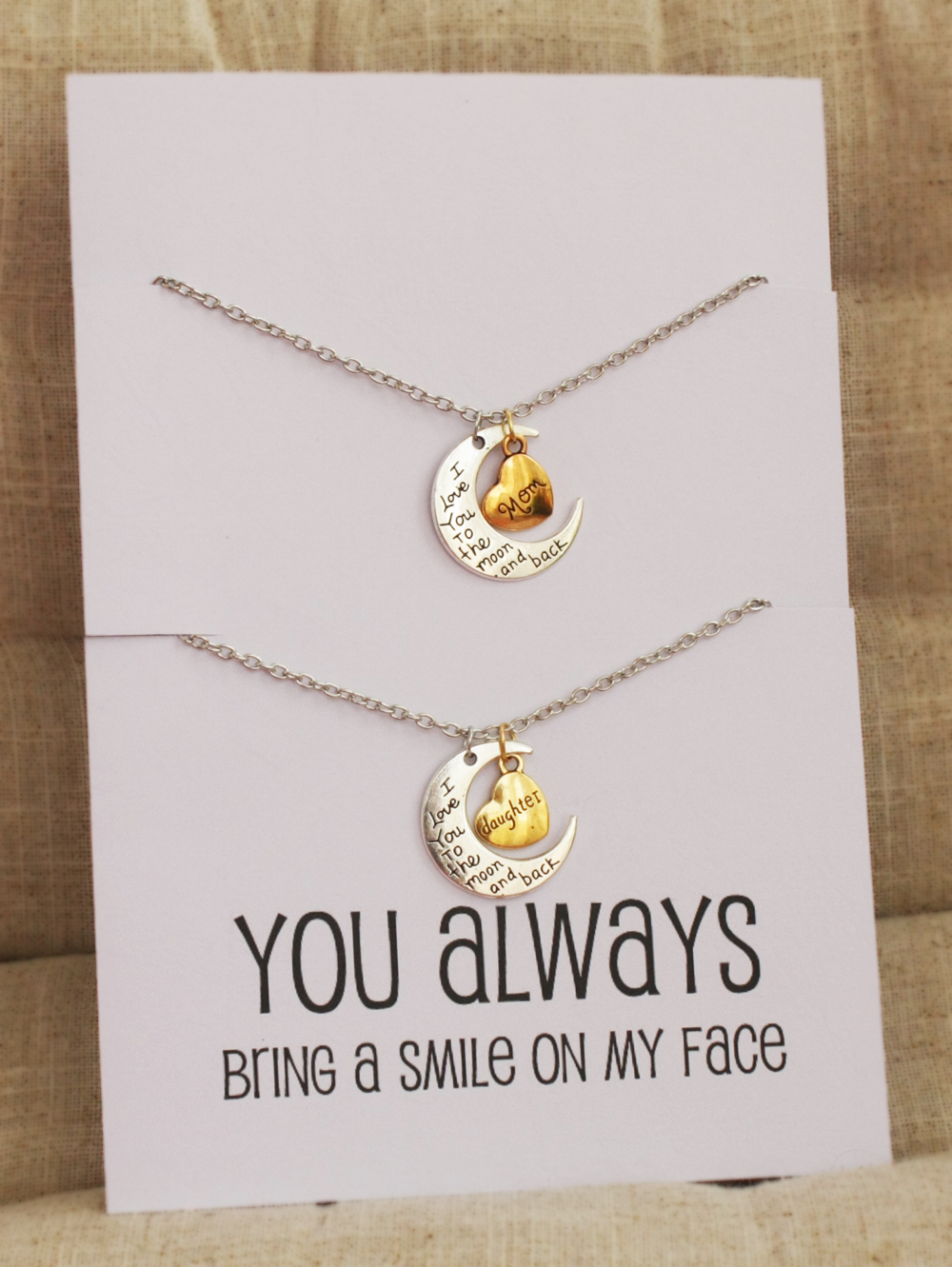 You Always Bring A Smile To My Face Love You Mom Love You Daughter Two Necklaces Gift Wrapped Fashion Gift Card Necklaces