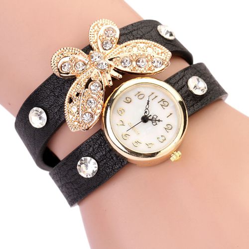 Rhinestones Butterfly Fashion Wristwatch Wrap Woman Black Band Watch