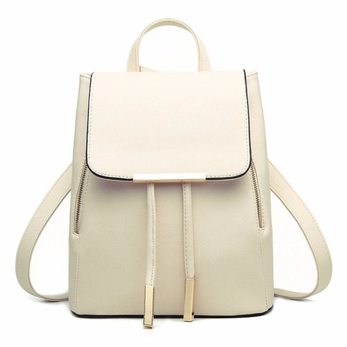 Cream Leather Backpack With Gold Zipper And Tassel Detailing