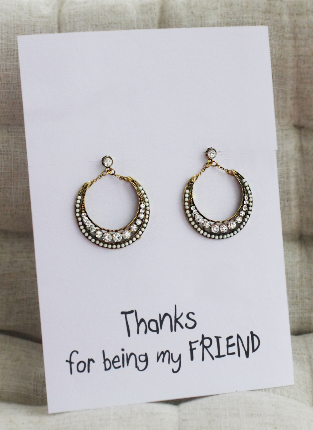 Friends Gift Card Woman Drop White Crustals Rhinestones Woman Earrings