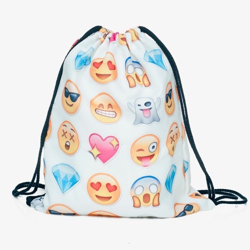 Travel School Girl Teenage Casual Emoji Design White Polyester Drawstring Bag Woman Softback Backpack