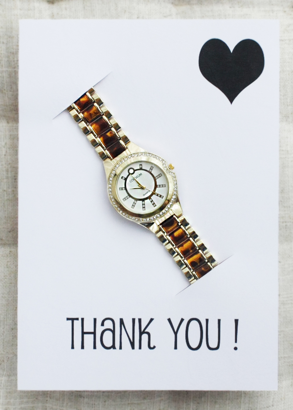 Thank You Card Girl Stainless Steel Fashion Wristwatch Dress Leoprad Band Gold Watch