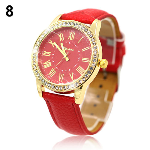 Luxury Fashion Rhinestones Crystals Pu Leather Red Band Watch