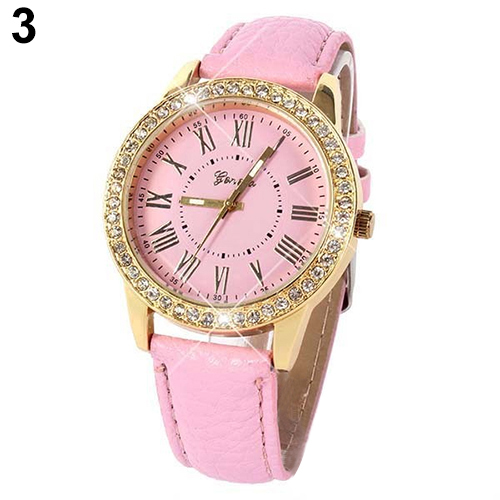 Luxury Fashion Rhinestones Crystals PU Leather Pink Band Watch on Luulla