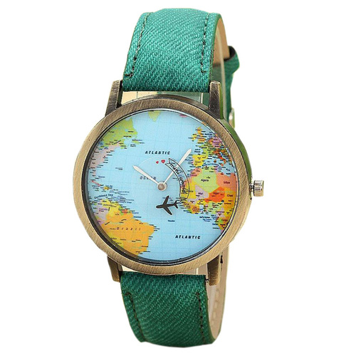 Green World Map Wanderlust Leather Watch