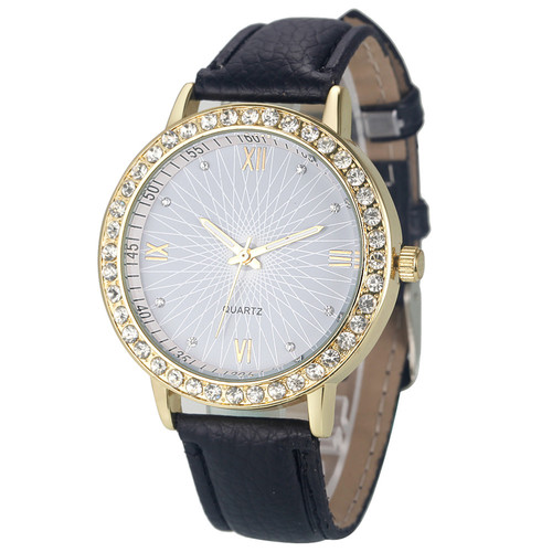 Elegant Rhinestone Gold Toned Case Dress Pu Leather Black Strap Woman ...