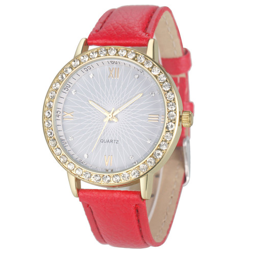 Elegant Rhinestone Gold Toned Case Dress Pu Leather Red Strap Woman Gift Teen Watch