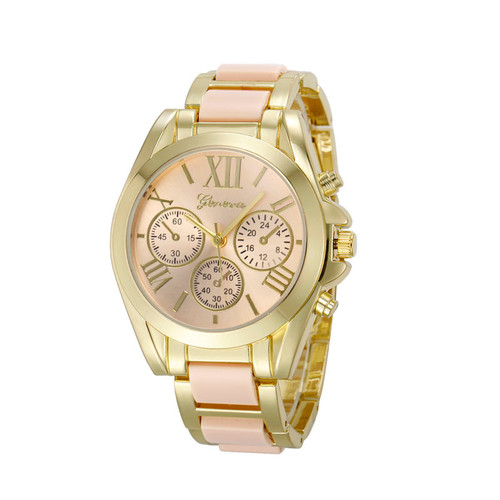 Gold Toned Alloy Strap Woman Dress Fashion Evening Light Pink Watch