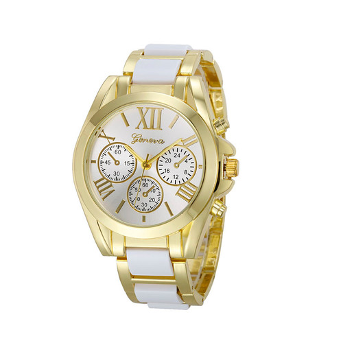 Gold Toned Alloy Strap Woman Dress Fashion Evening White Watch