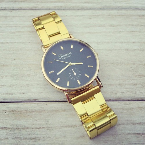 Gold Toned Alloy Band Woman Classy Formal Night Out Dress Fashion Evening Girl Black Face Watch