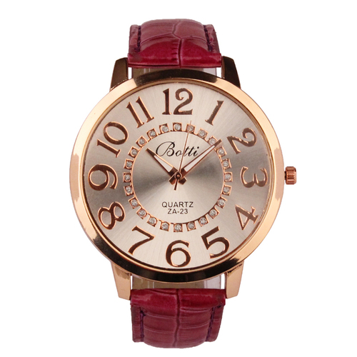 Luxury Ladies Wristwatches Royal Gold Crystal Quartz Women Dress Red Pu Leather Band Watch