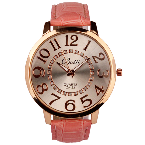 Luxury Ladies Wristwatches Royal Gold Crystal Quartz Women Dress Pink Pu Leather Band Watch
