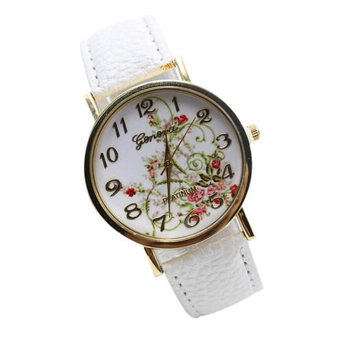 Wristwatches Flowers Face Quartz Women Dress Pu Leather White Band Watch