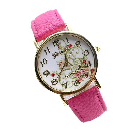 Wristwatches Floral Fashion Case Quartz Women Casual Pink Pu Leather Band Watch