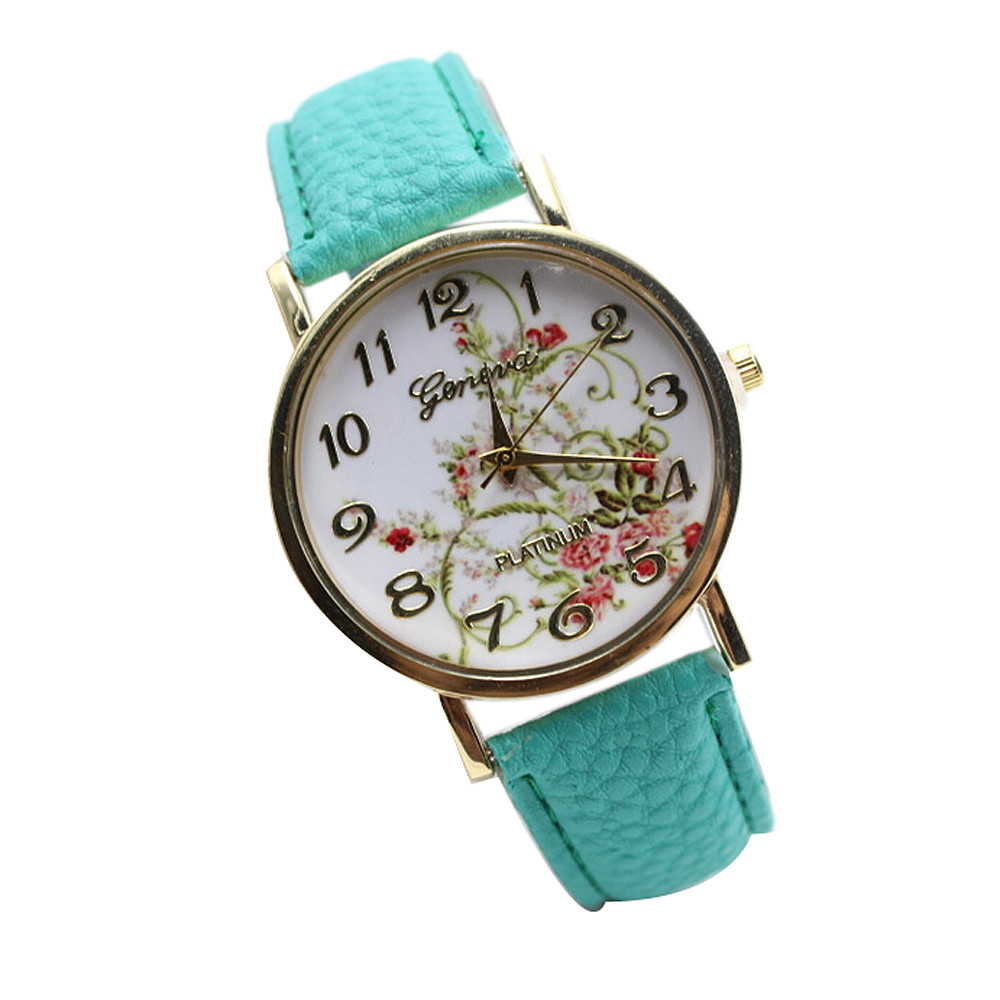 Wristwatches Floral Fashion Case Quartz Women Casual Sky Blue Pu Leather Band Watch