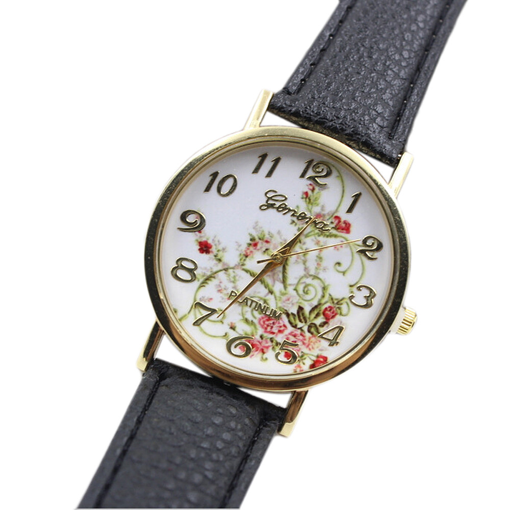 Wristwatches Floral Fashion Case Quartz Women Casual Black Pu Leather Band Watch