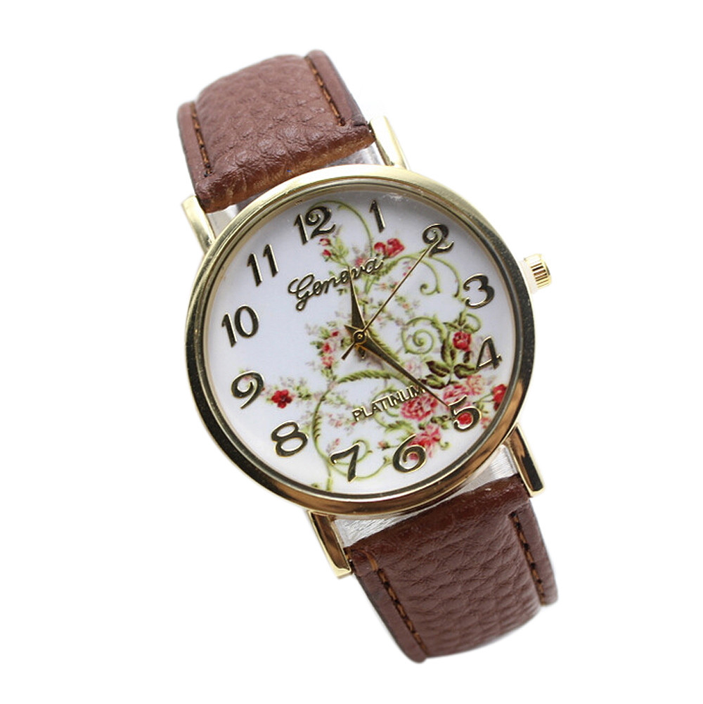Wristwatches Floral Fashion Case Quartz Women Casual Brown Pu Leather Band Watch