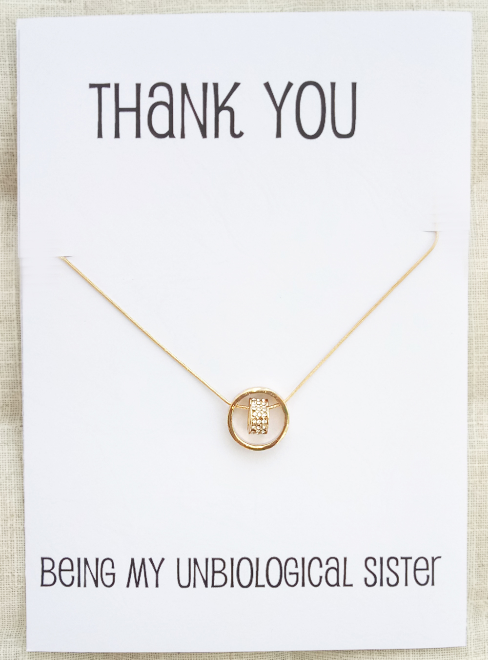 Thank You For Beeing My Unbiological Sister Gift Card Heart And Ring Pendants Rhinestones Gold Toned Woman Fashion Necklace