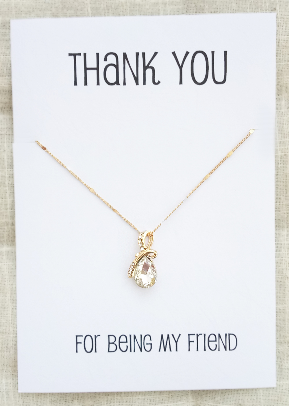 Thank You For Being My Friend Water Drop Crystal Pendant Gold Toned Chain Woman Fashion Necklace