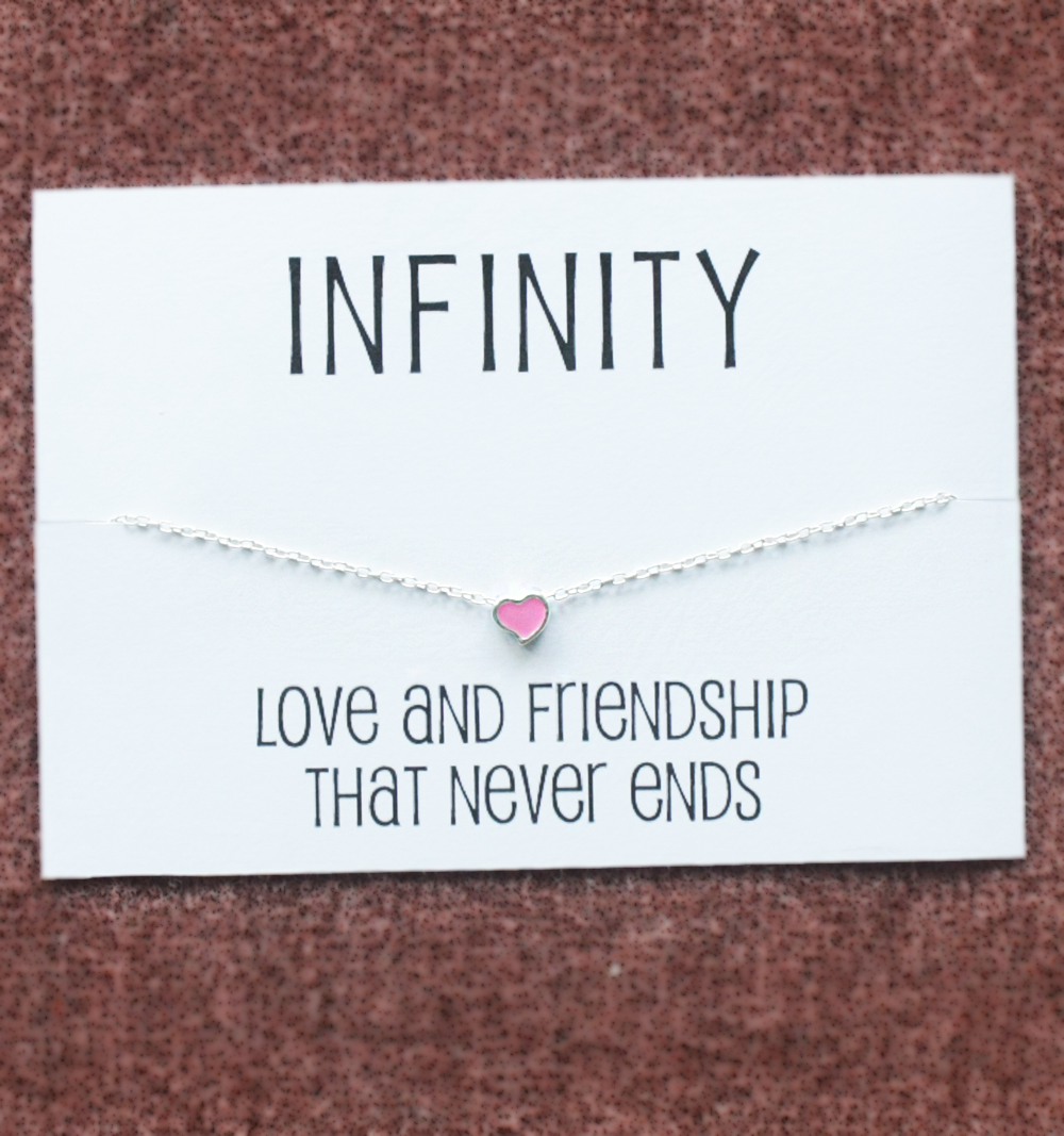 Love And Friendship Gift Card Alloy Silver Toned Pink Heart Pendant Teen Girl Necklace