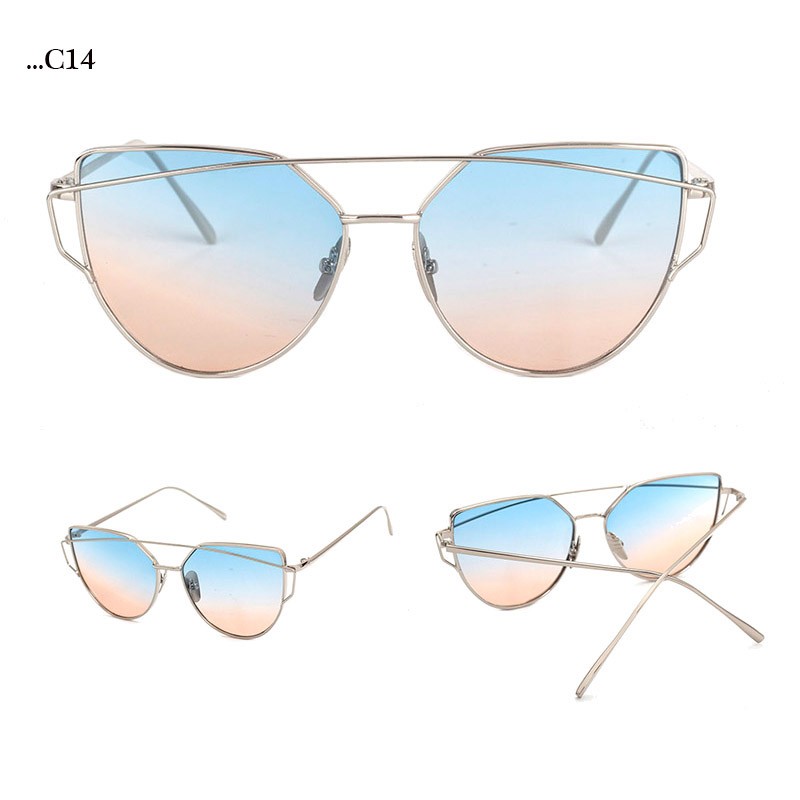 Rose-blue Lenses Cat Eye Sunglasses Women Sunglasses Double-deck Alloy Frame Sunglasses